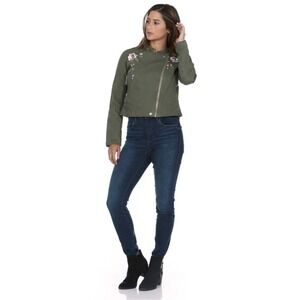 JOUJOU Asymmetrical Flower Embroidered Olive Jacket Size Large 100% Cotton